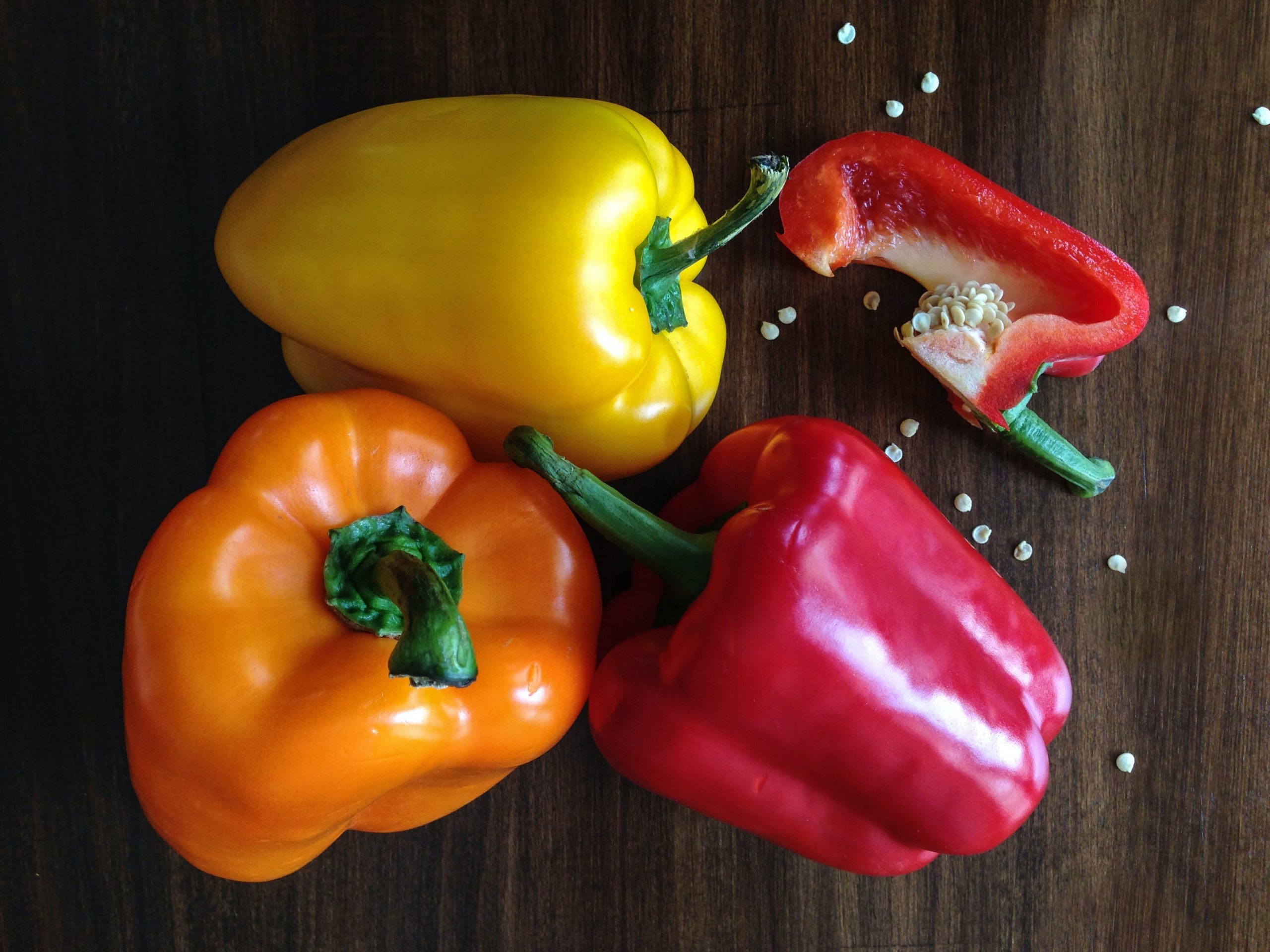 red, yellow and orange peppers